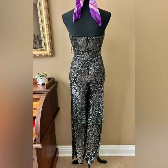 Anthropologie Maeve Carbon Sequin Jumpsuit Wide Leg Halter Neck Size 2 NWT - Picture 10 of 16